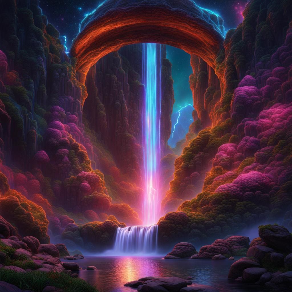 Holographic Cosmic Waterfall Mixed Media Illustration