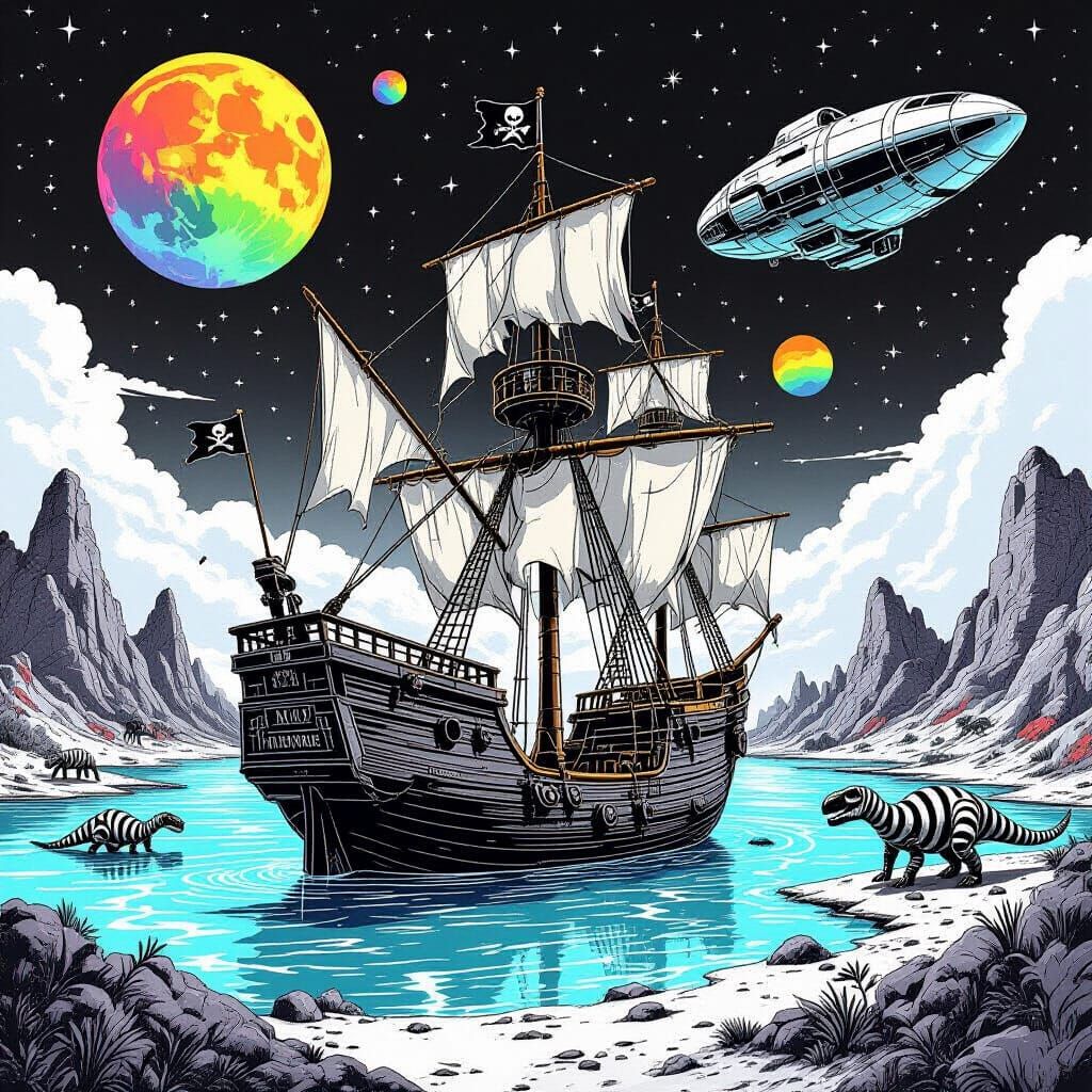 Pirate Ship Meets Alien World in Retro Sci-Fi Style