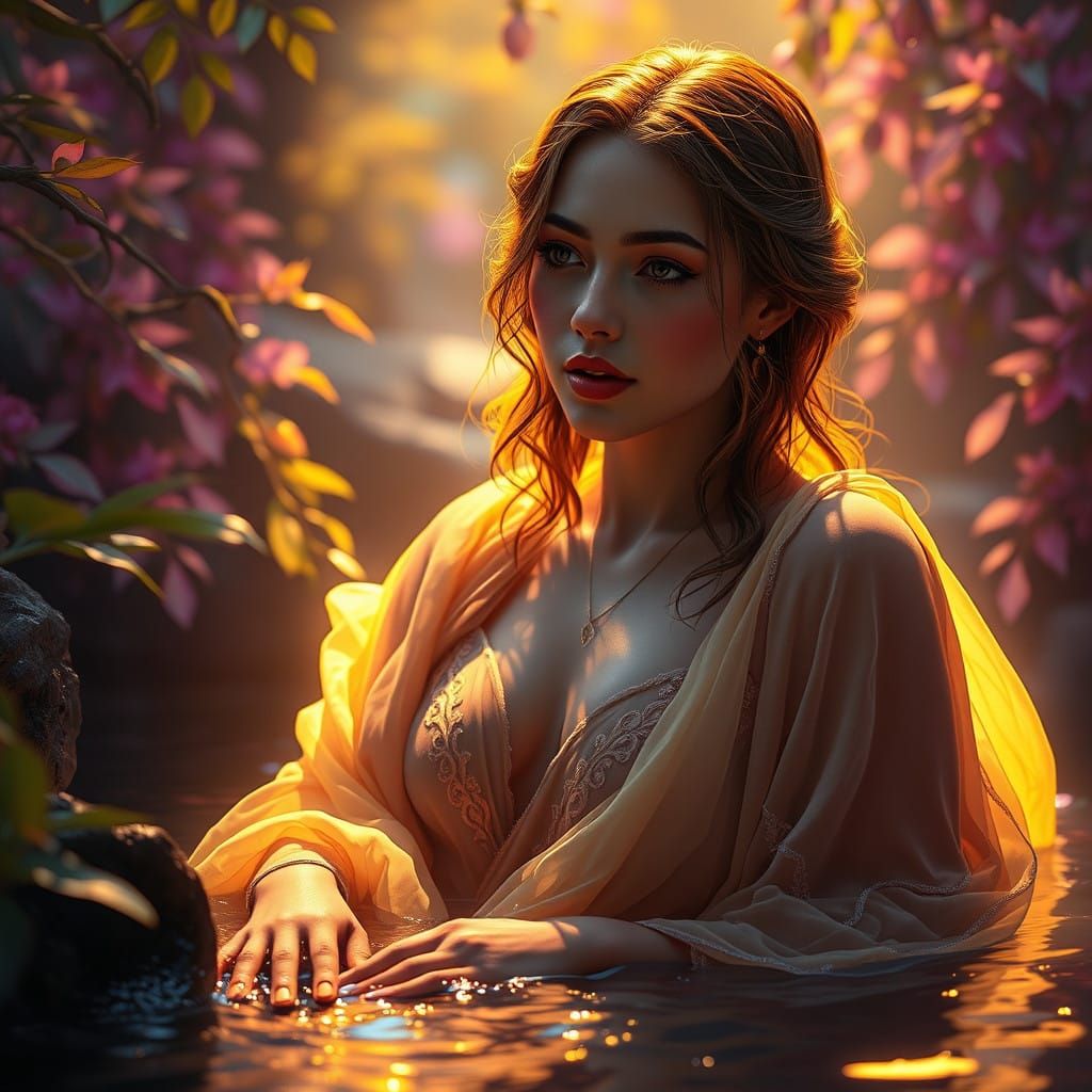 Ethereal Art Nouveau Goddess Bathing in Lush Verdure