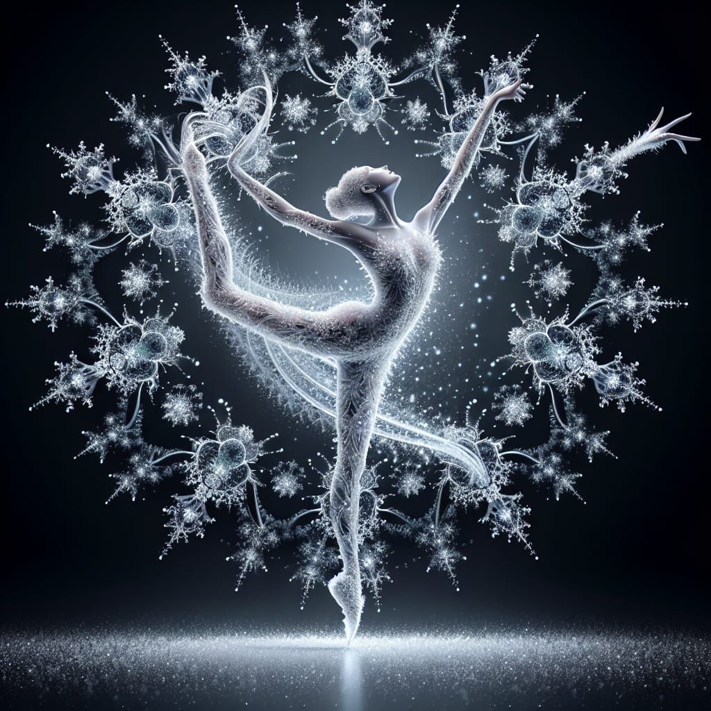 Ethereal Ice Dancer in Fractal Snowflakes