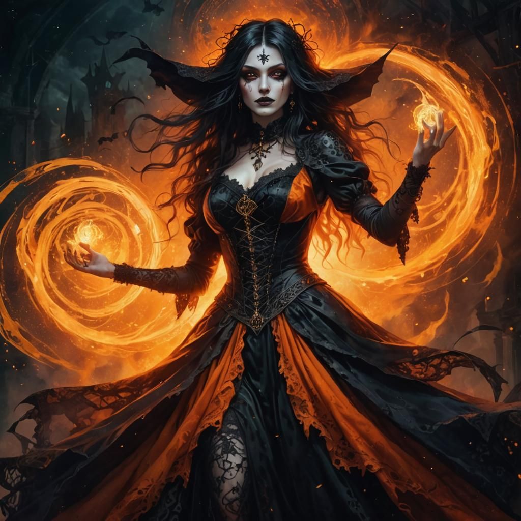 Gothic Witch Casting Magic in Dark Fantasy Style