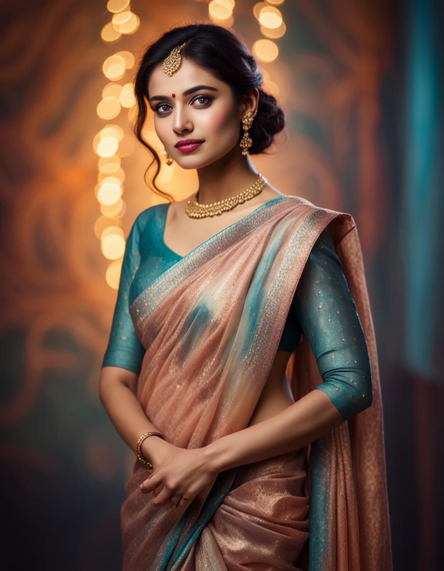 Beautiful Woman in Saree: Realistic Painterly Portrait