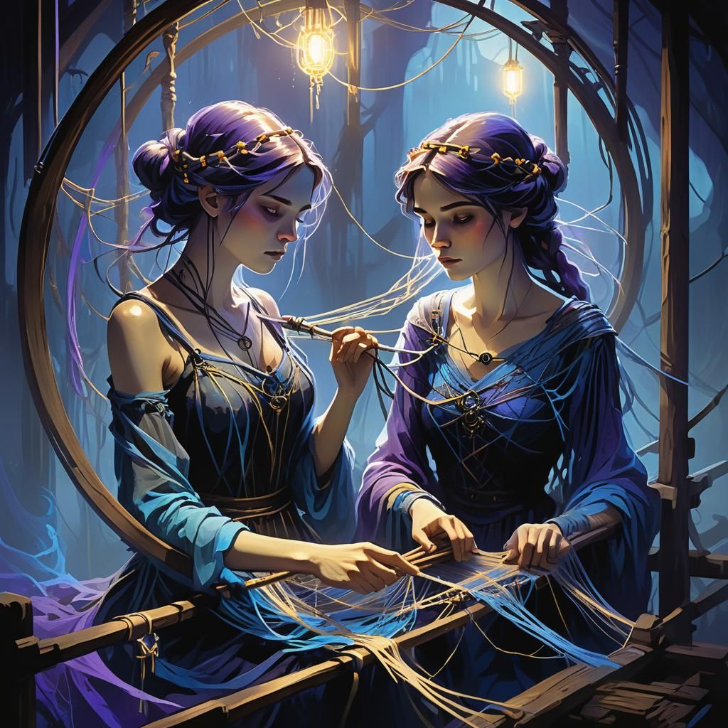 Sisters Weaving Fate: Dark Fantasy Art