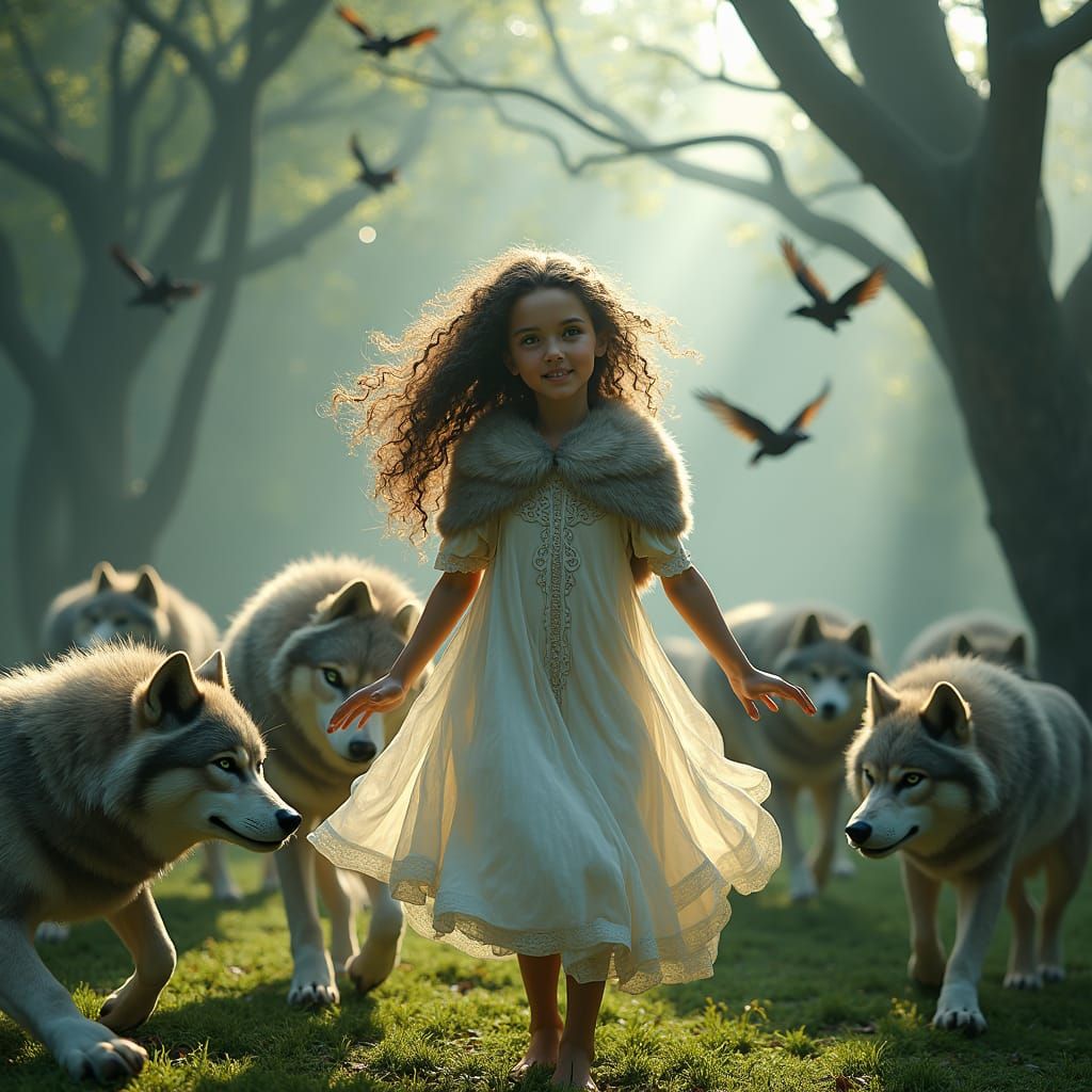Celtic Girl Dancing with Wolves in Mystic Forest