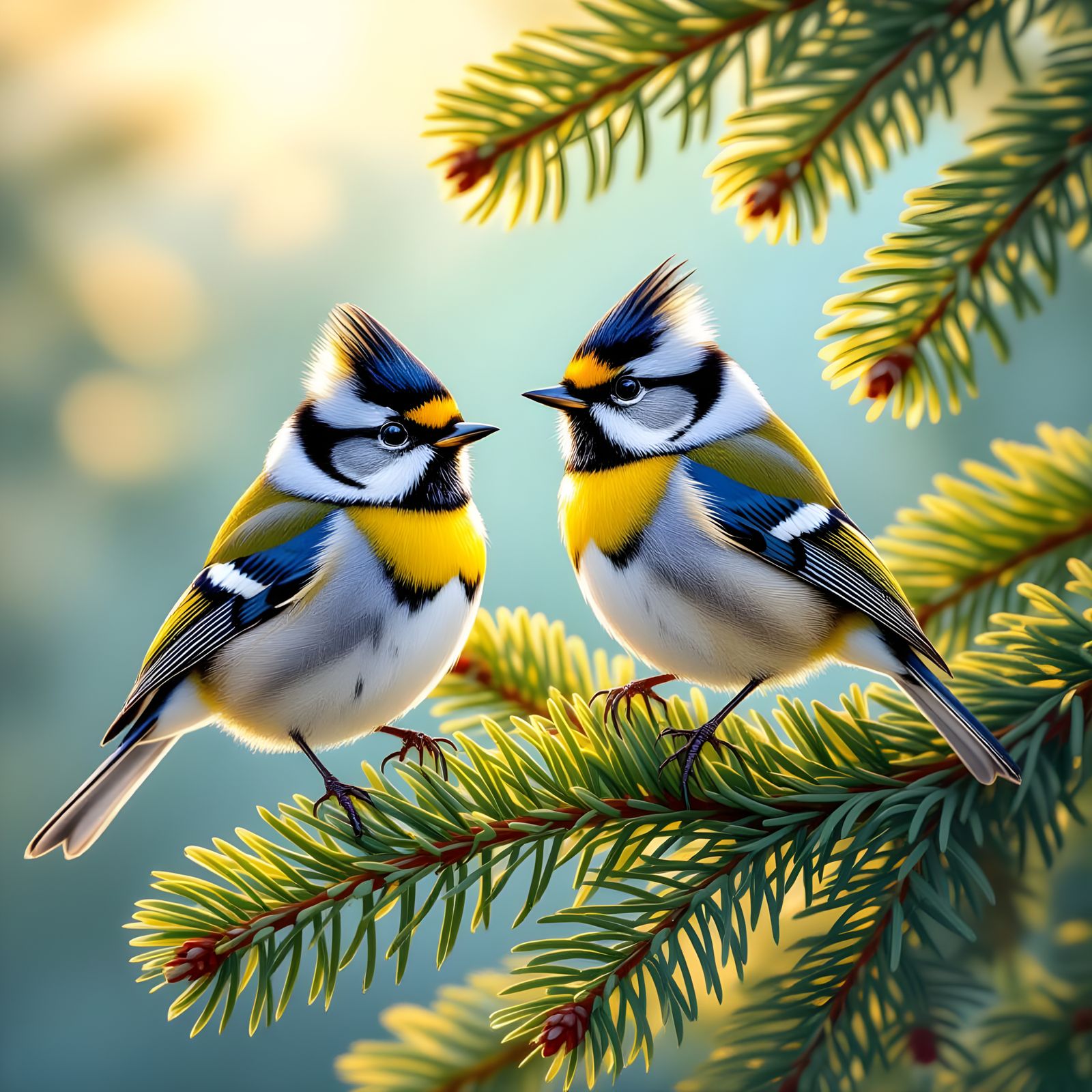 Goldcrests on Norway Spruce in Golden Hour Light