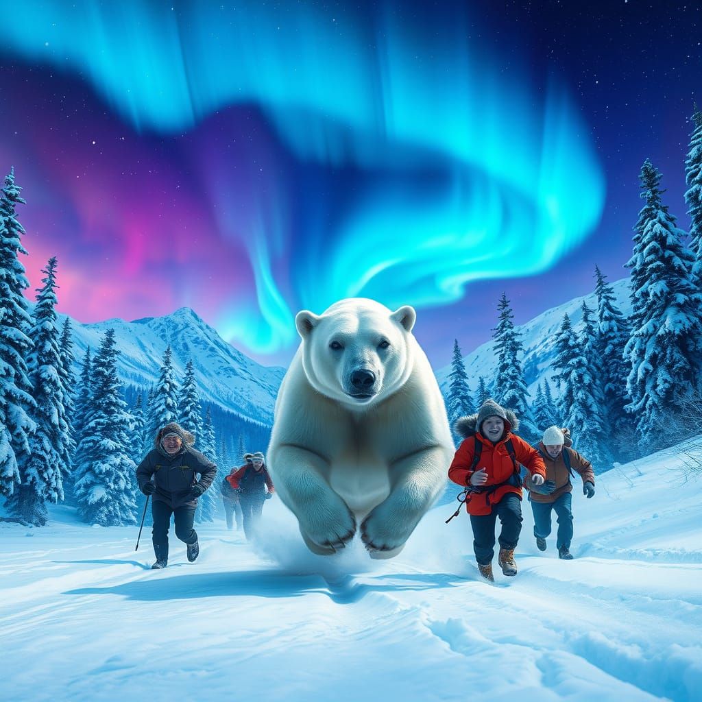 Winter Campers Flee Snow Bear in a Kaleidoscope of Color