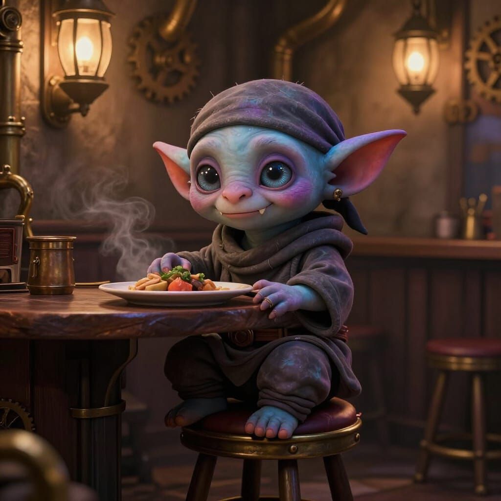 Cute Goblin Creature in Gothic Steampunk Tavern