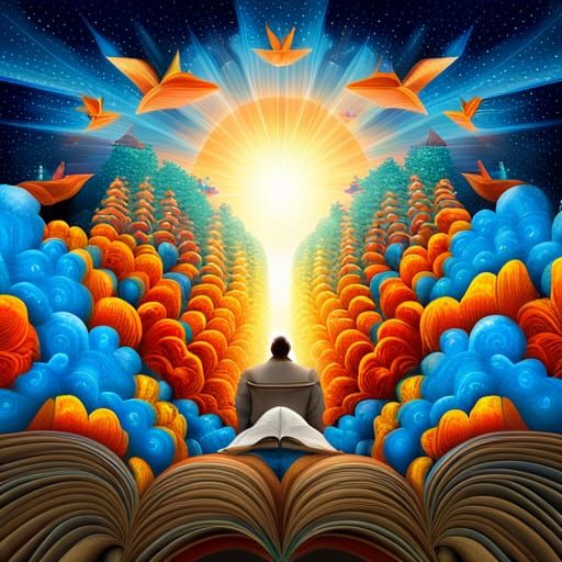 Surreal Dreamscape with Books in Digital Pop Art