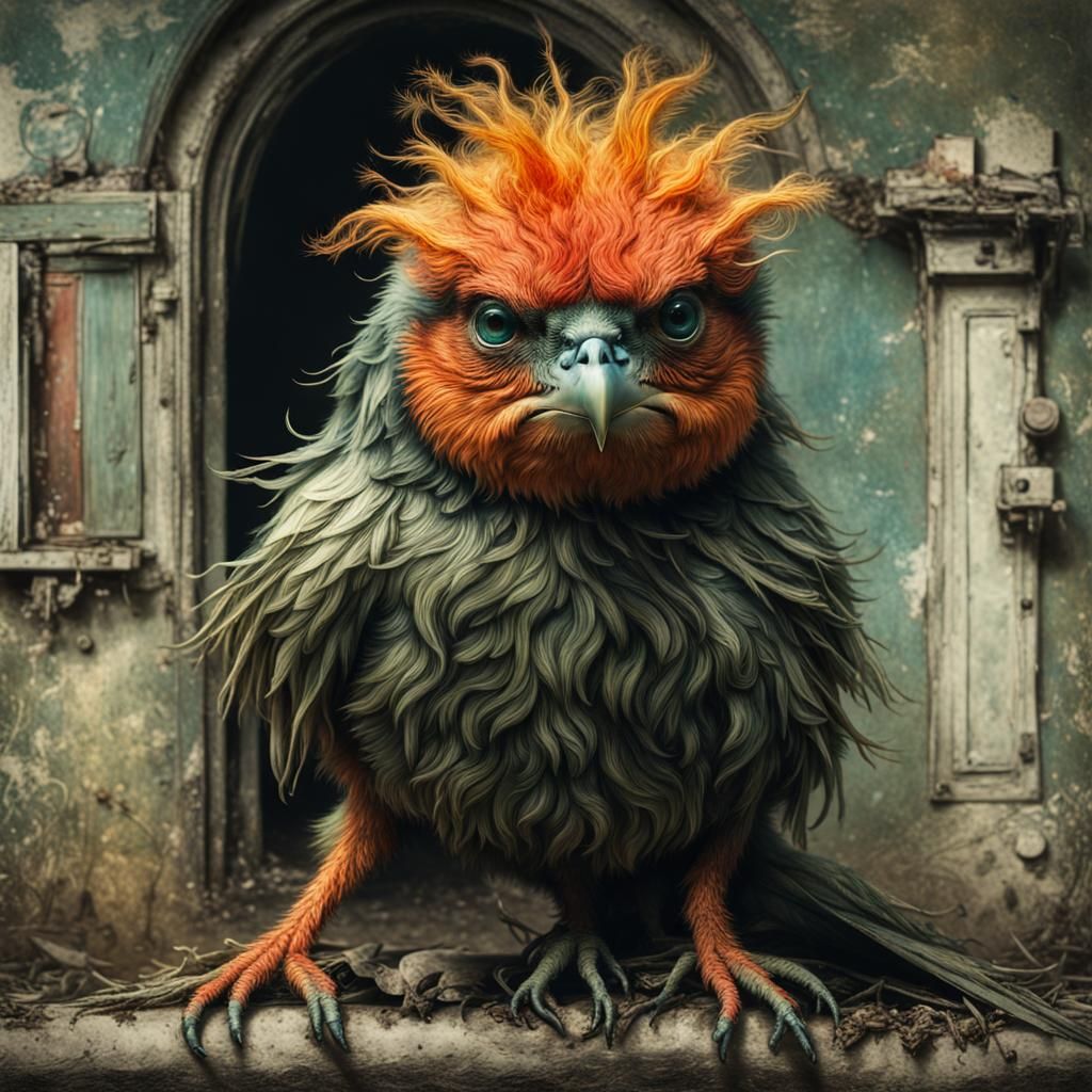 Adolescent Bird Monster Posing for Polaroid, in Digital Circ...