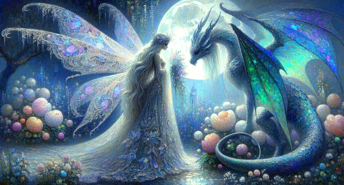 Impressionistic Lunar Fairy and Dragon in Moonlit Garden