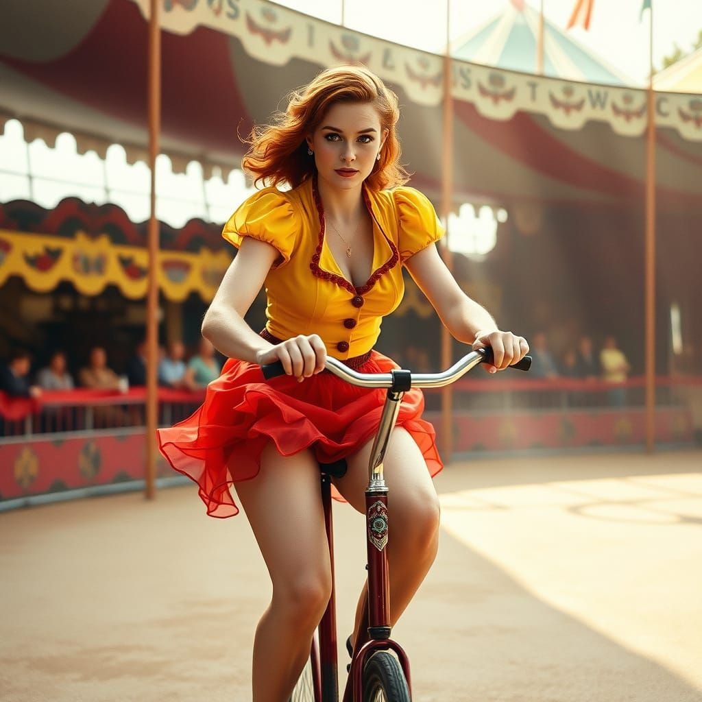 Redhead Pin-Up Rides Unicycle as Watercolor Painting