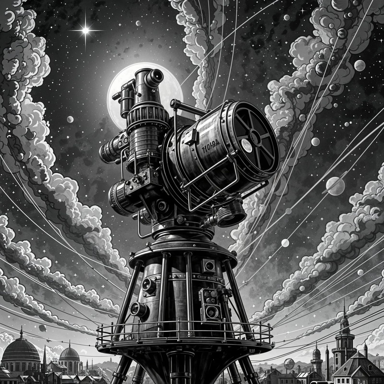 Multi-Barrel Telescope Snipes Skyward: Grotesque Retro Drawi...