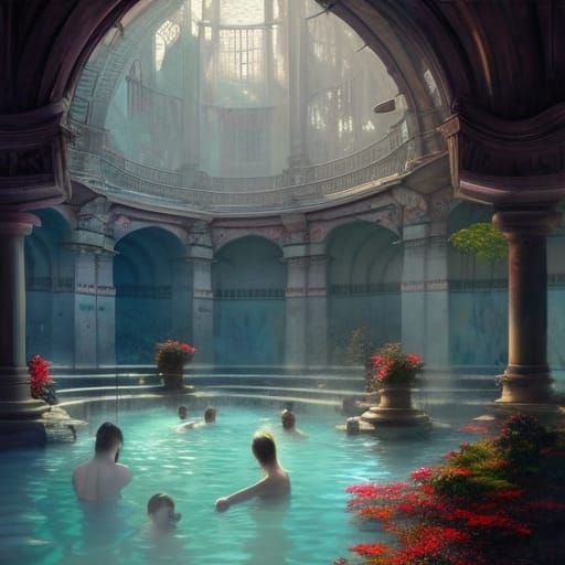 Steaming Ancient Thermal Baths in Vintage Digital Art
