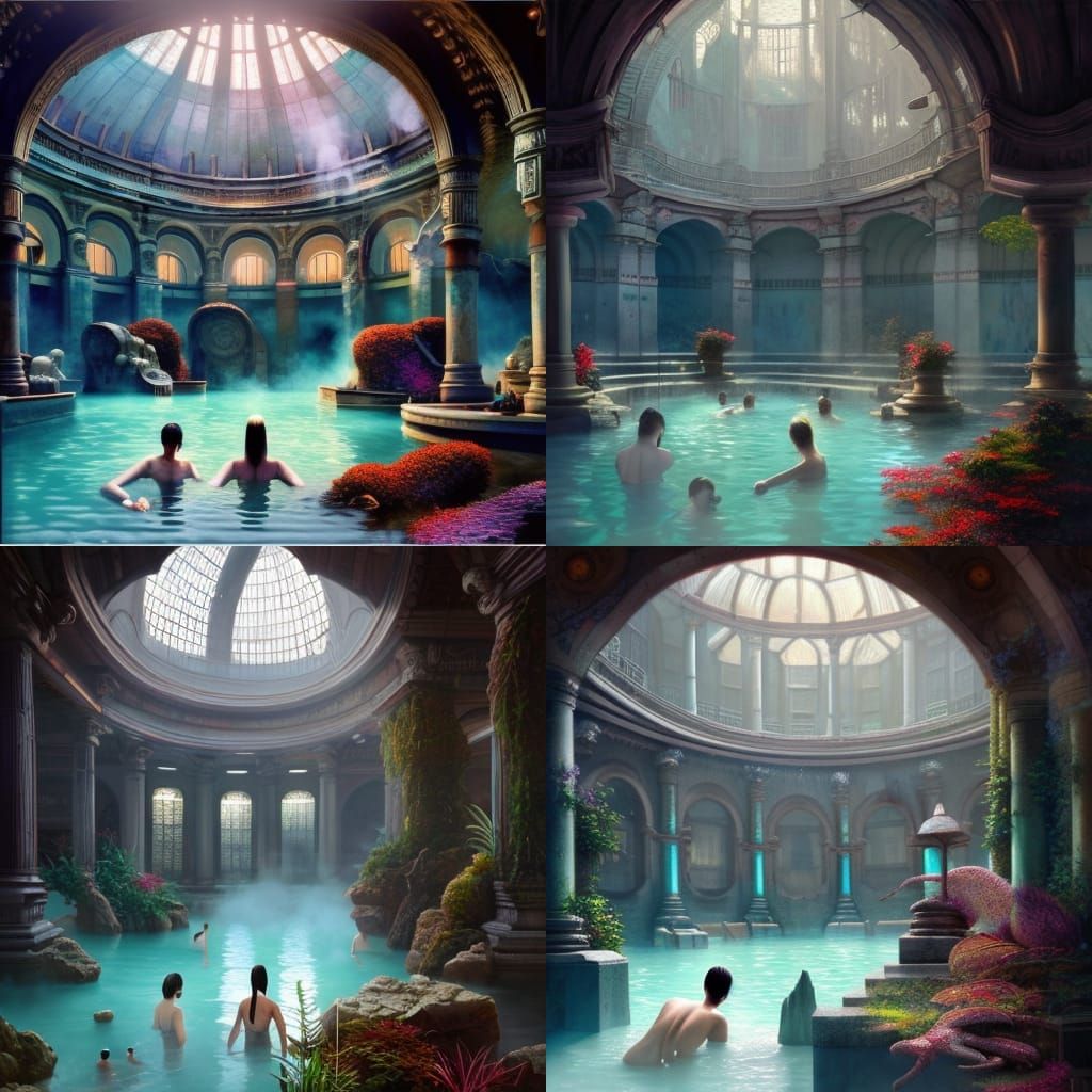Ancient Thermal Baths: Hyper-Realistic Digital Illustration