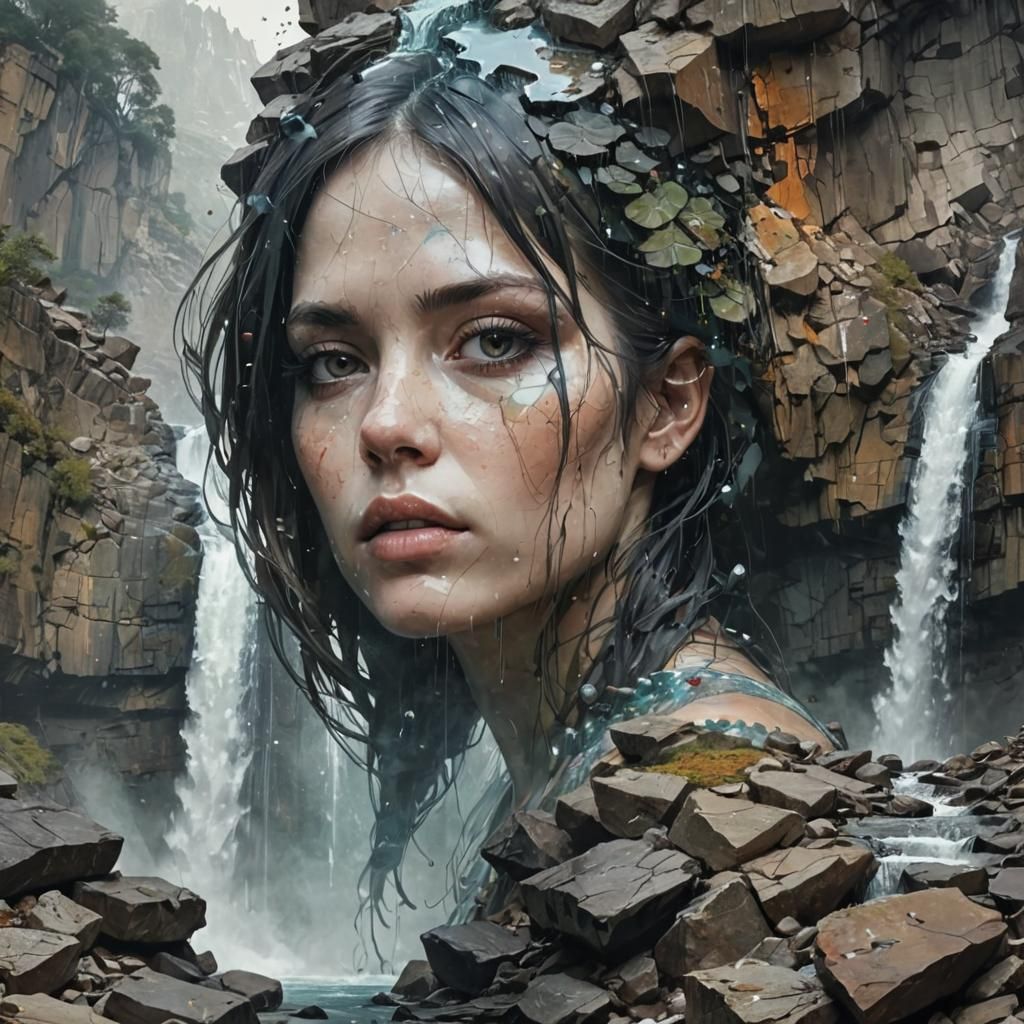 Waterfall Cascading Over Woman in Double Exposure Style