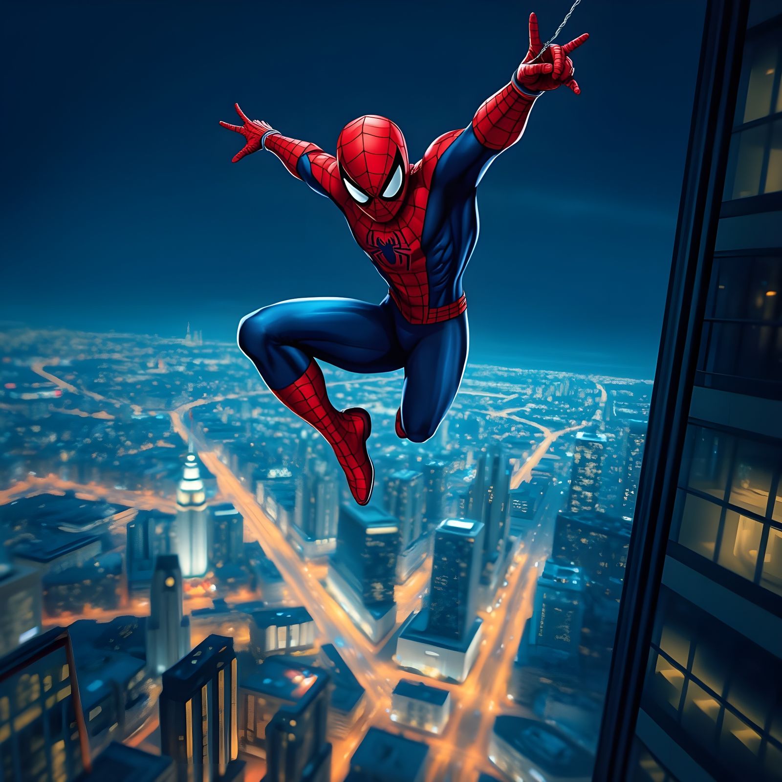Spider-Man Leaps From Skyscraper in Comic Art Style