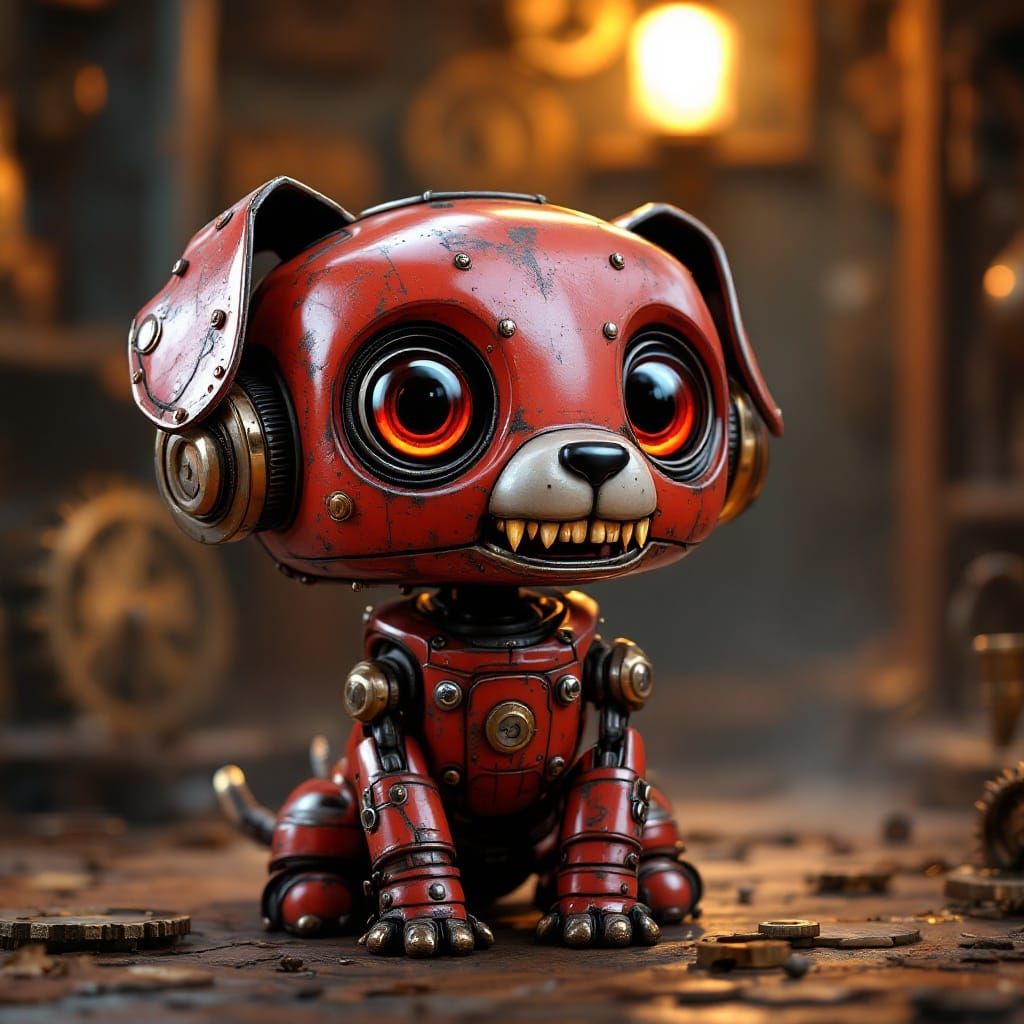 Whimsical Chibi Robot Dog in Distressed Tin