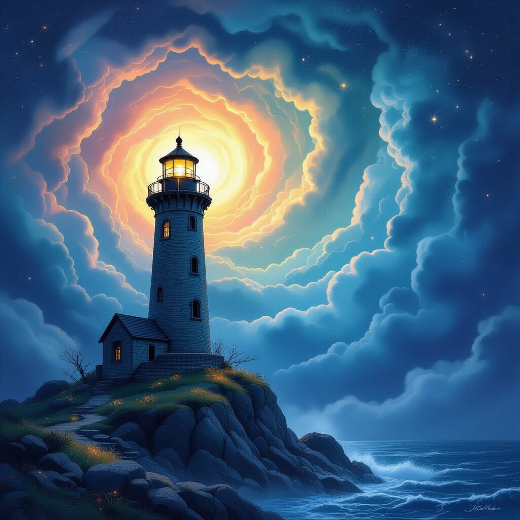 Ancient Lighthouse in Cosmic Nebula, Storybook Gothic Style