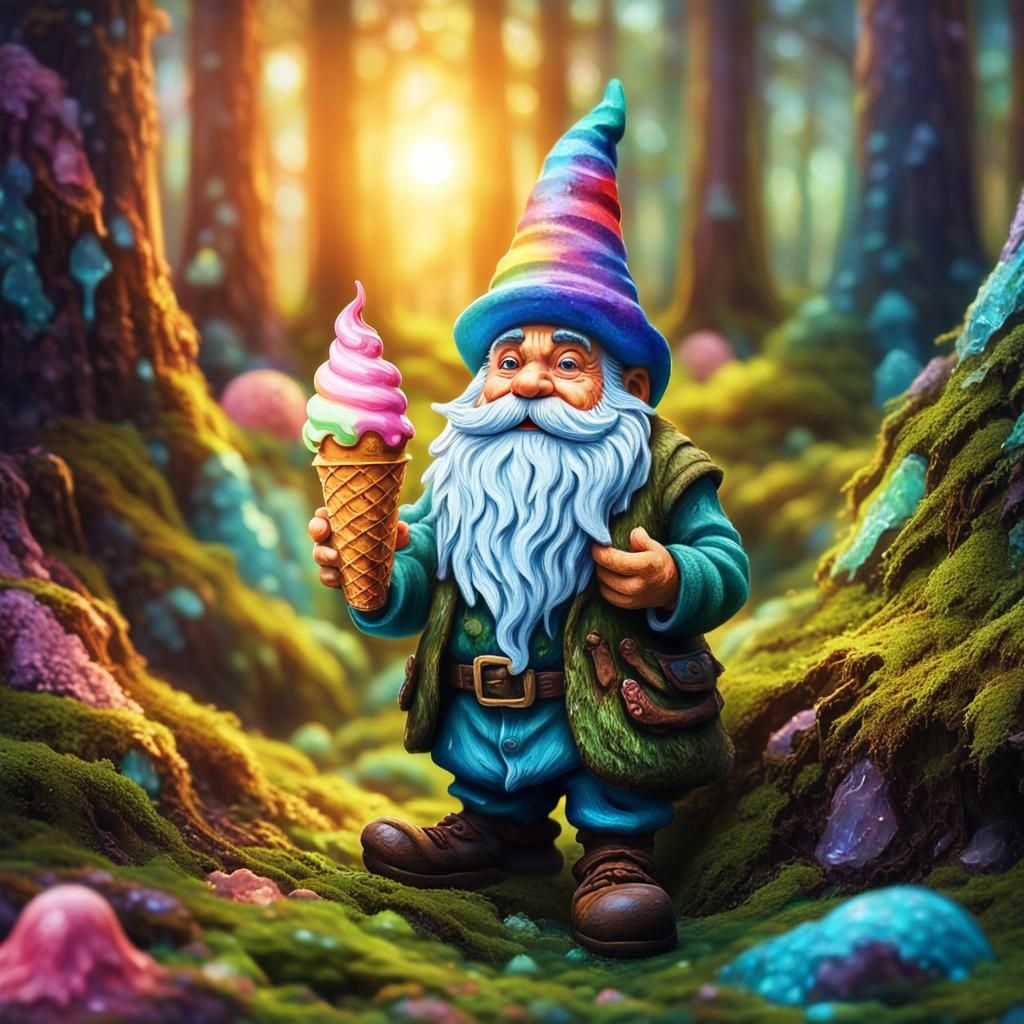 Gnome with Ice Cream Cone in Whimsical Forest