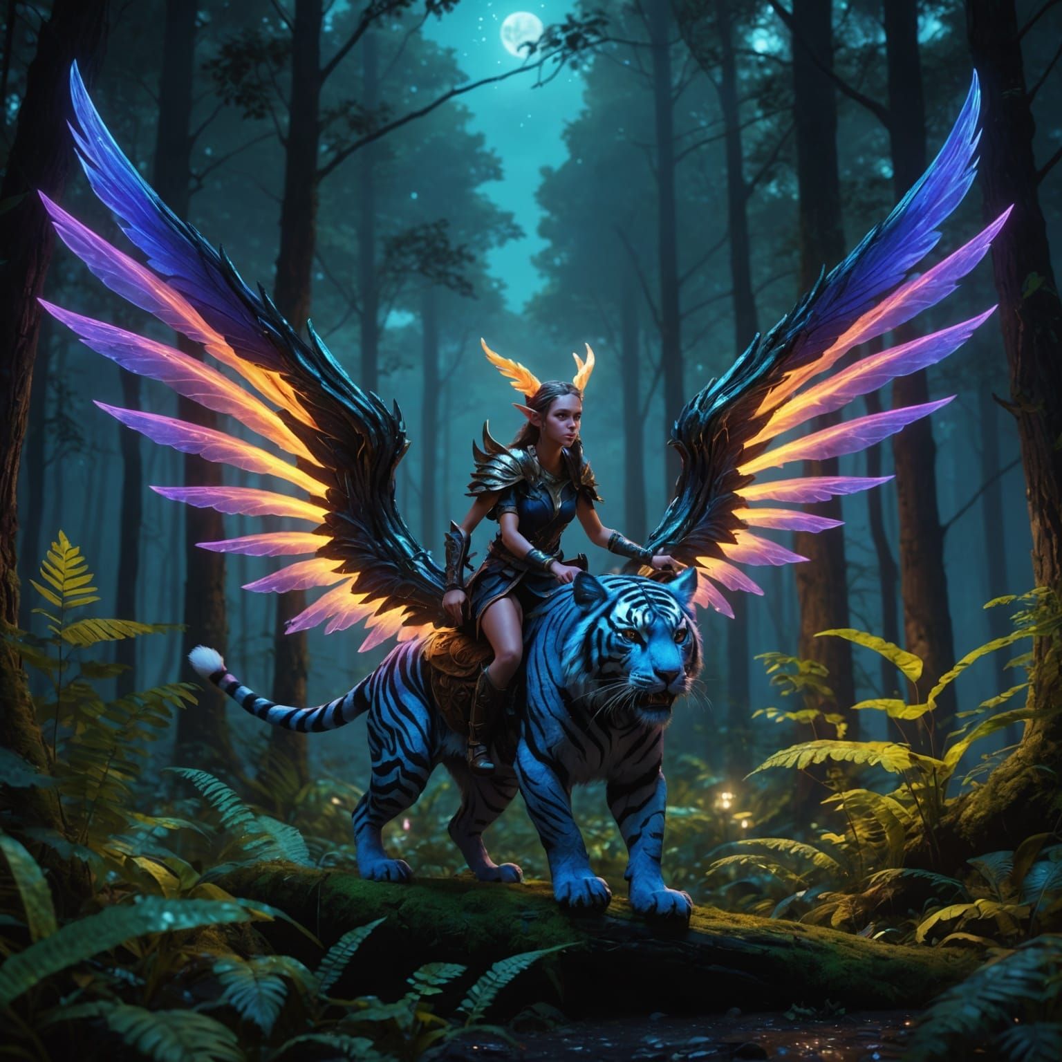 Elf Rides Neon Tiger in Forest at Night
