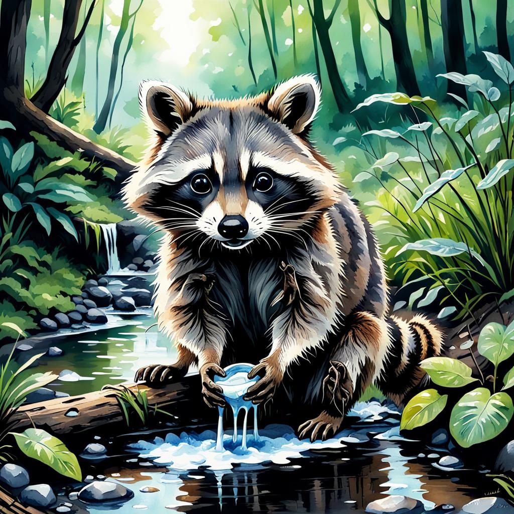 Raccoon Washing Food in Forest Stream, Watercolor Style