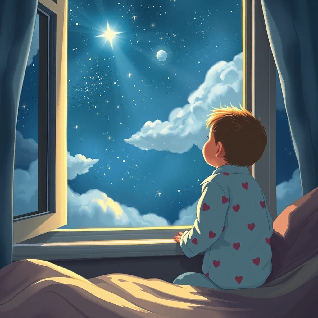 Child Gazing at Starry Night Sky in Dreamy Style