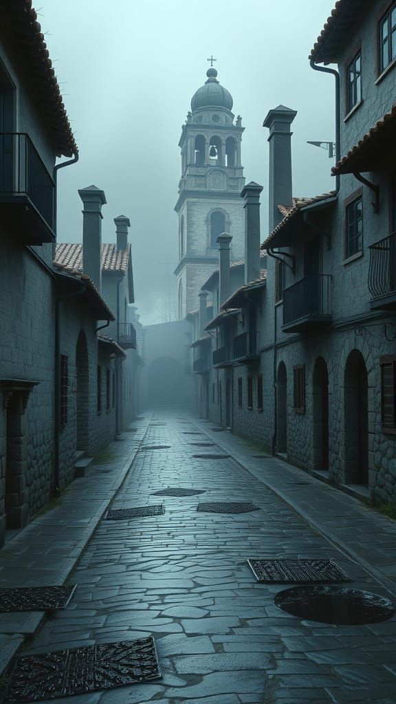 Ethereal Spanish Village in Morning Mist