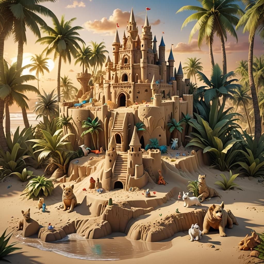 Tropical Sandcastle with Jungle Animals: Digital Art