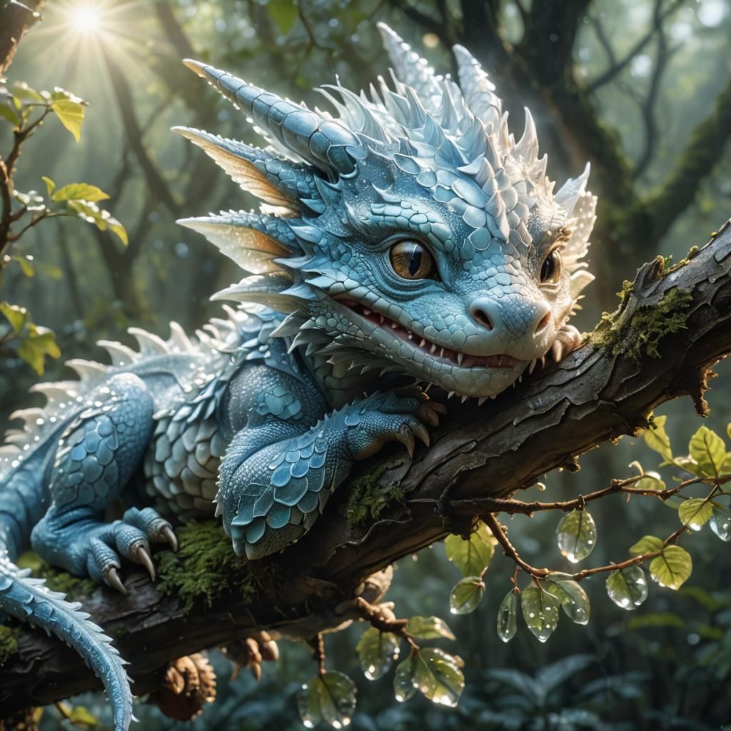 Sleeping Blue Dragon Cub in Forest, Photorealistic CGI