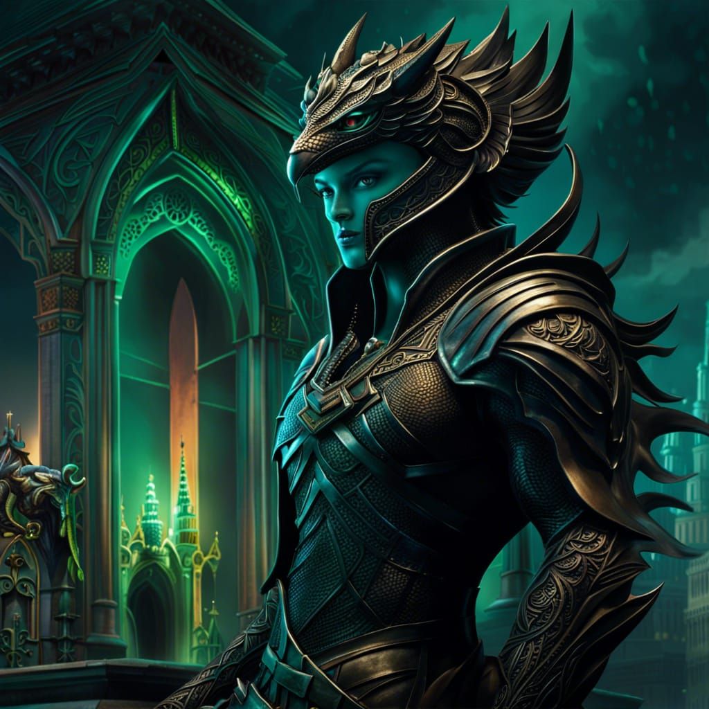 Green Dragon Glass Figurine Over Burning City
