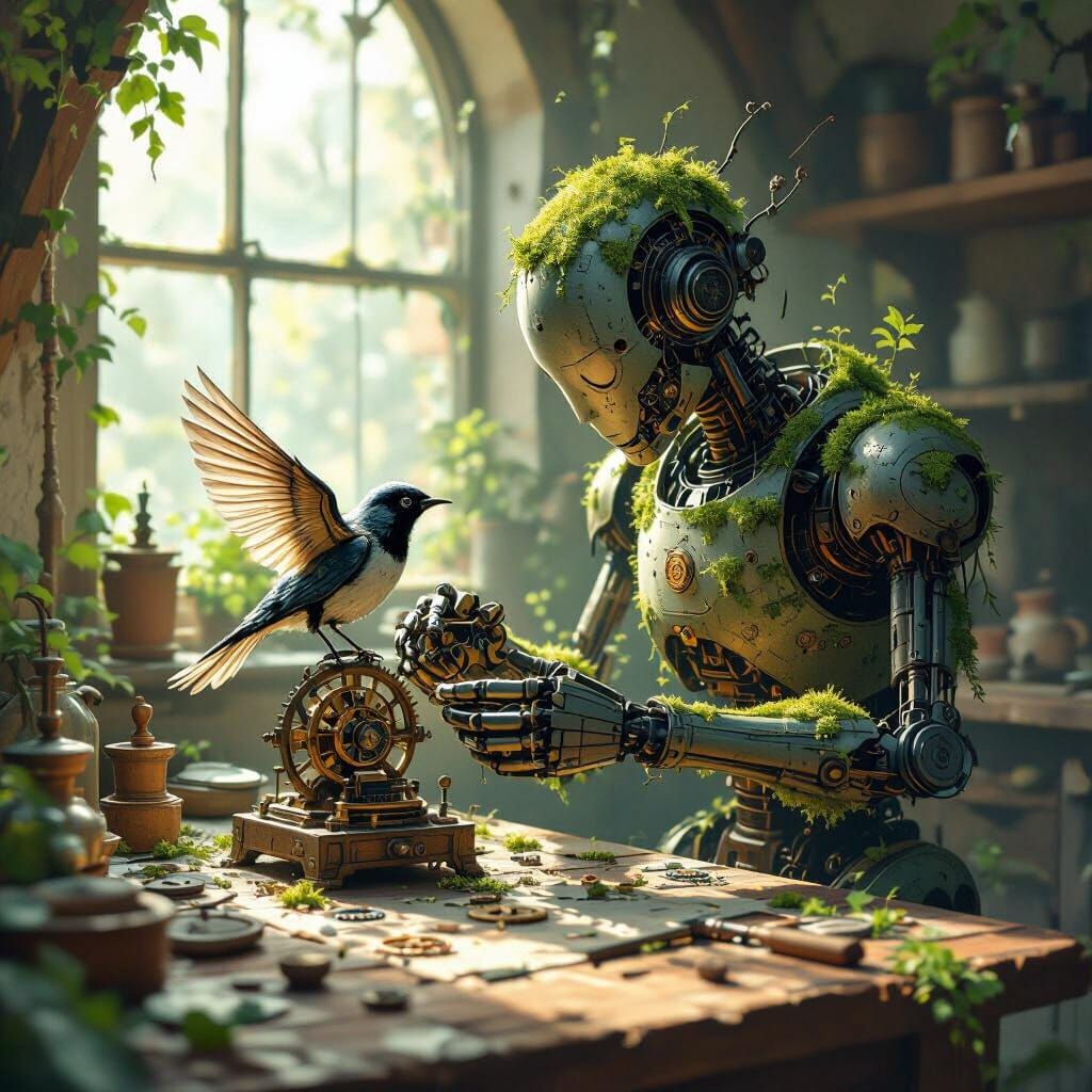 Automaton Repairs Clockwork Bird in Sunlit Workshop