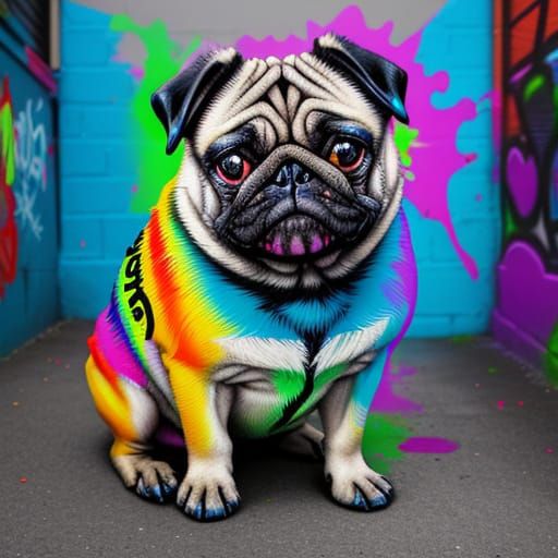 Graffiti Pug in Urban Alley with Dripping Paint Fur