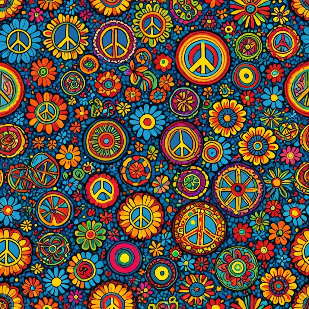Psychedelic 60s Art with Flower Power Motifs