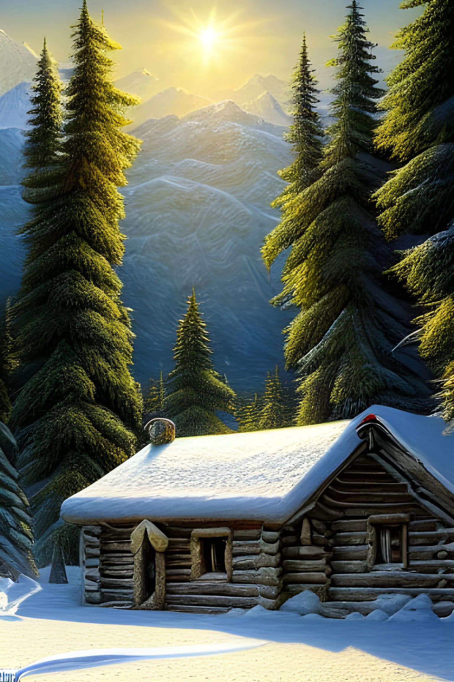 Hyperrealistic Snowy Mountain Hut House in Sunlight