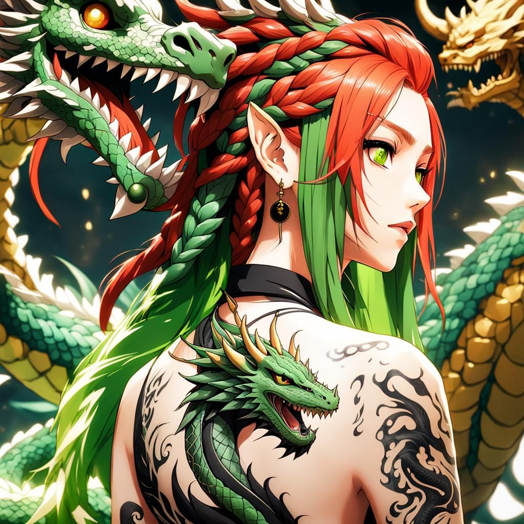 Anime Girl with Dragon Tattoo in 3D Art Style