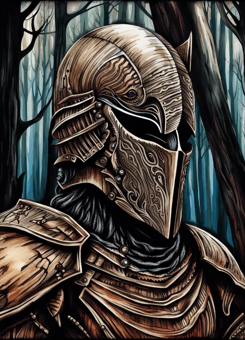 Wooden Knight Portrait in Dark Fantasy Style