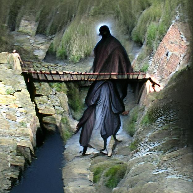 Cloaked Figure on Dark Bridge: Perilous Journey