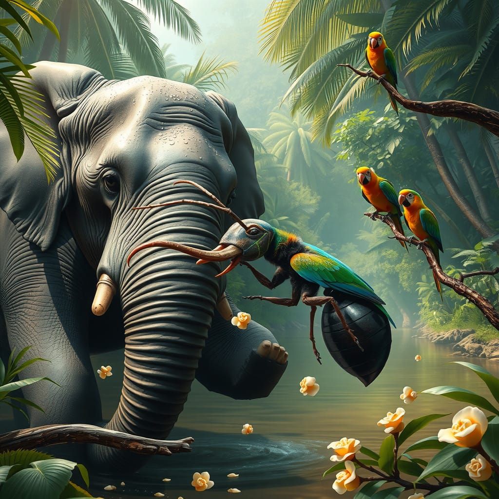 Epic Amazon Jungle Showdown: Surreal Elephant vs Giant Ant