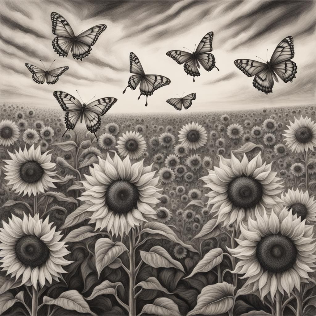 Detailed Charcoal Drawing of Butterflies and Sunflowers