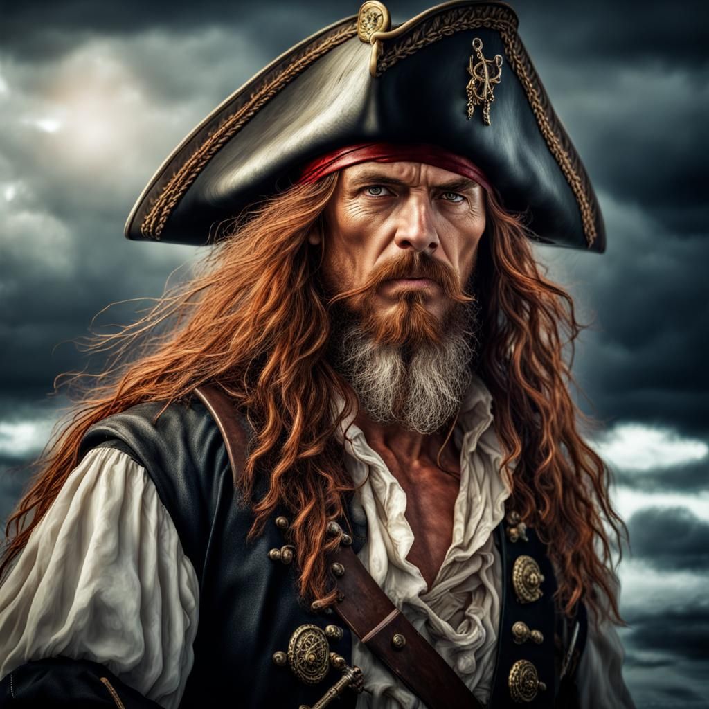 Hyperrealistic Portrait of Evil Pirate Captain on Stormy Sea