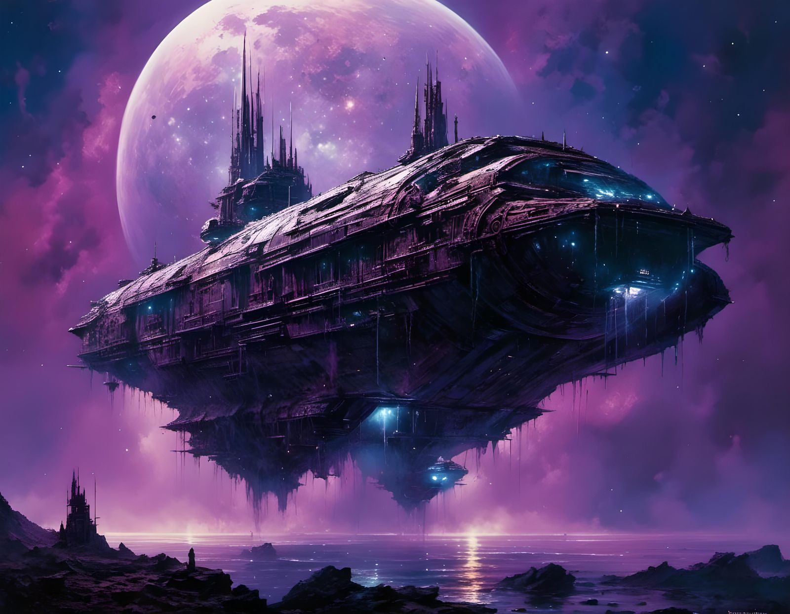 Sinking Starship Ruins Under Violet Moons