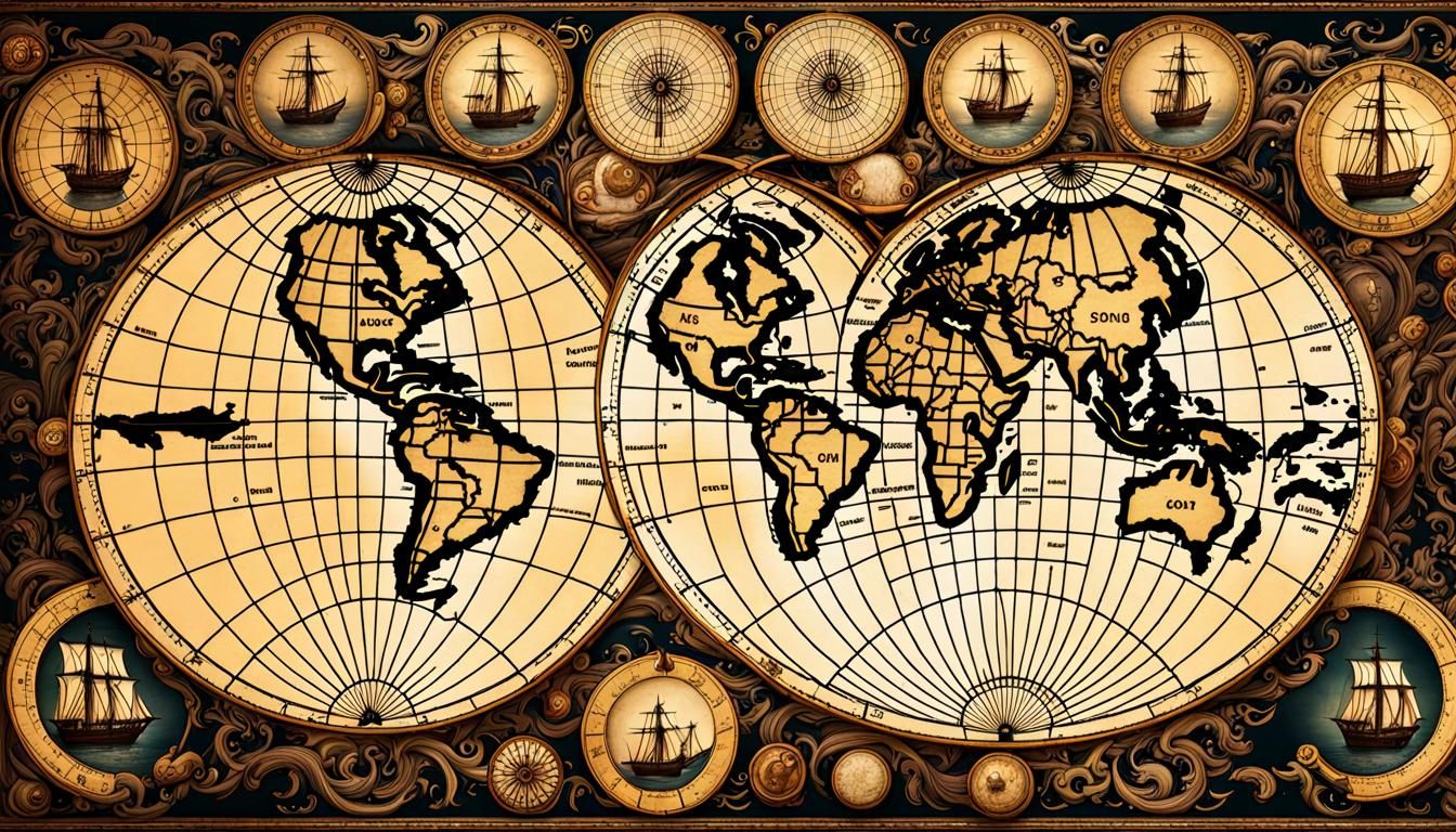 Detailed 3D Old World Map with Sailing Ships