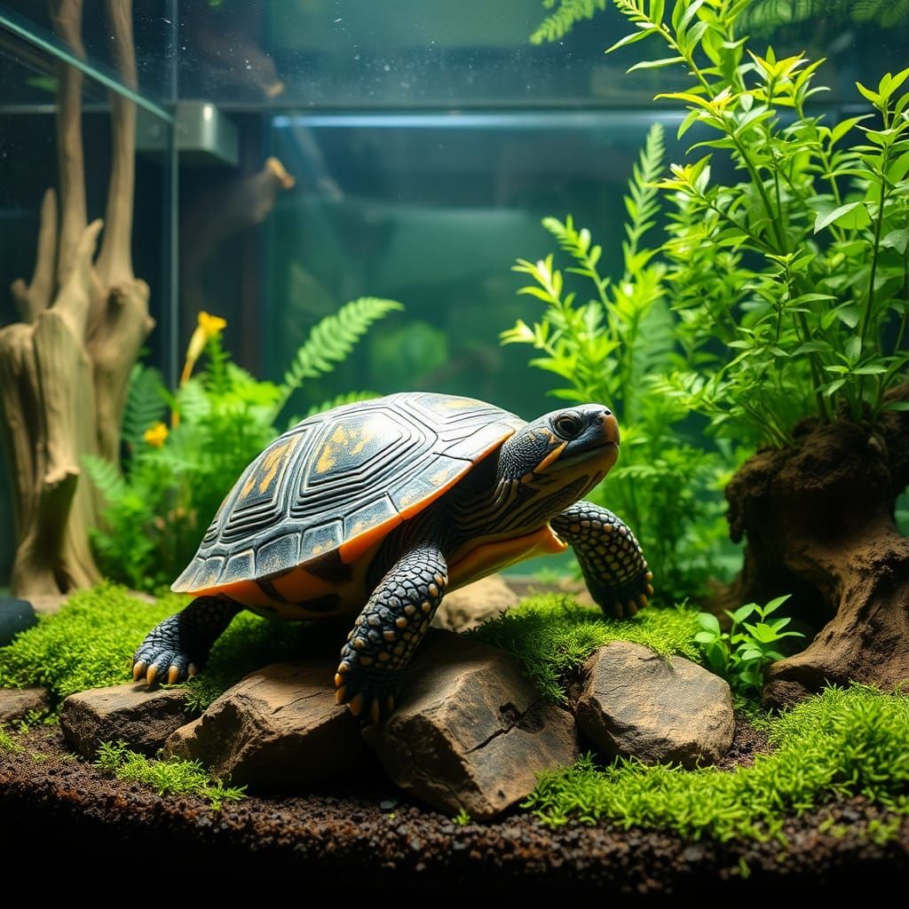 Large Turtle in Terrarium Zoo Exhibit