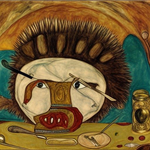 Hedgehog Tutankhamun Eats Jamon: Surreal Prehistoricore Art