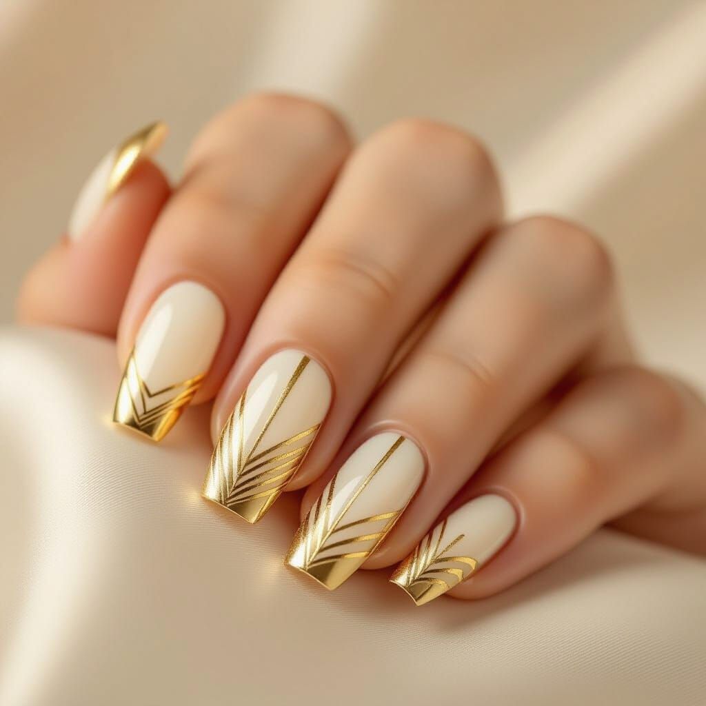Art Deco Nails With Geometric Gold Bands