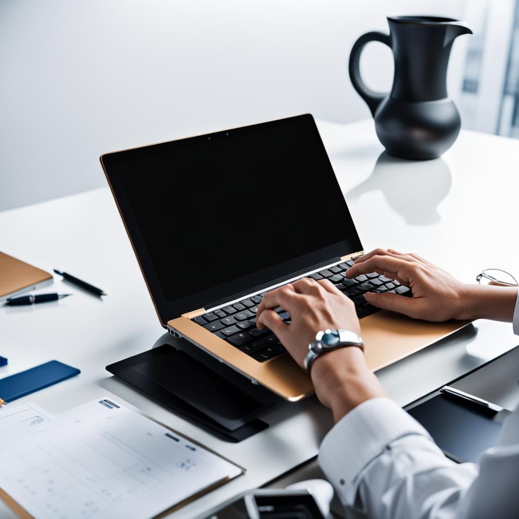 Secretary Typing on Laptop: Hyperrealistic Corporate Office
