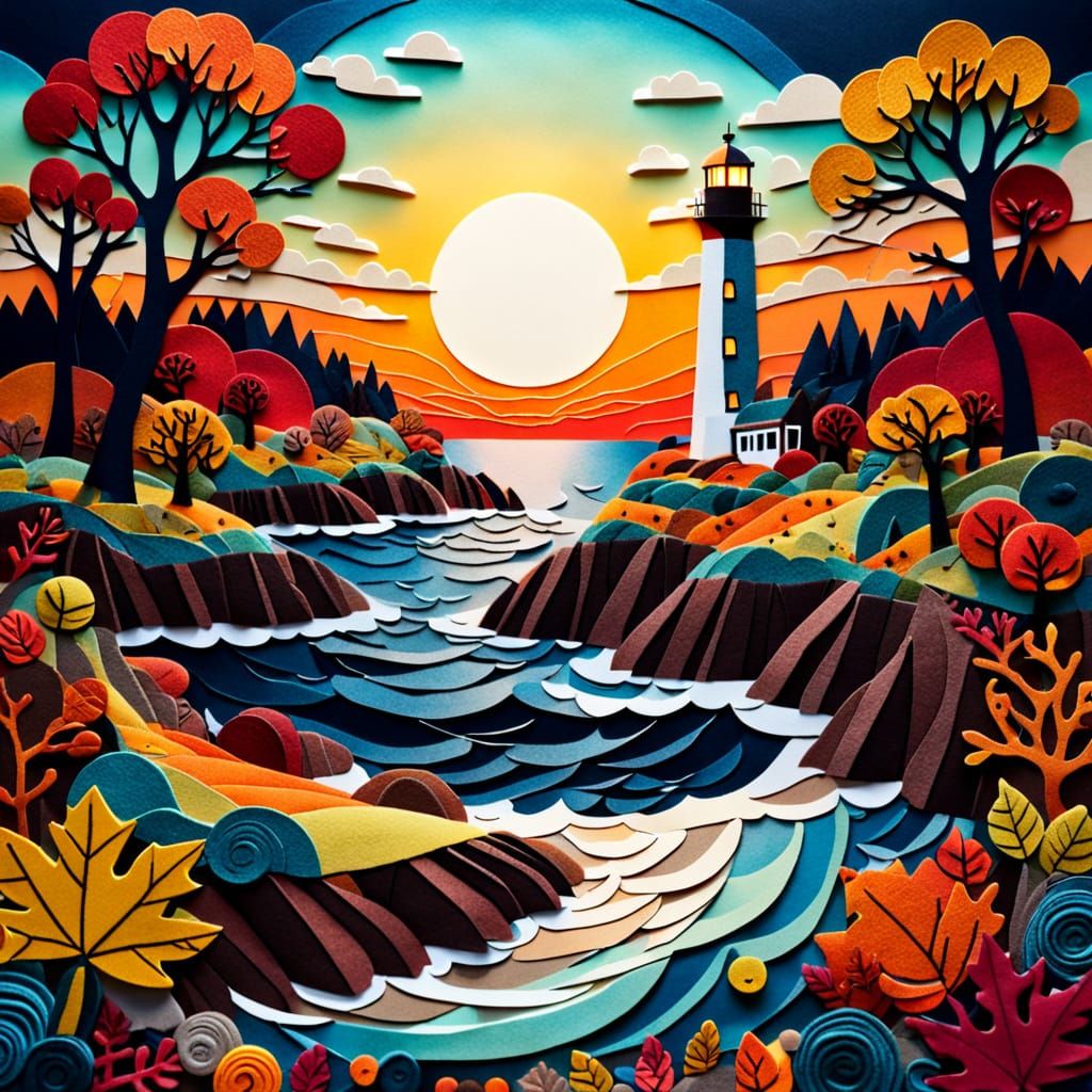 Felt Collage of an Autumn Seascape Sunset