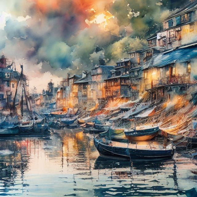 Watercolor Port Scene with Old Boats