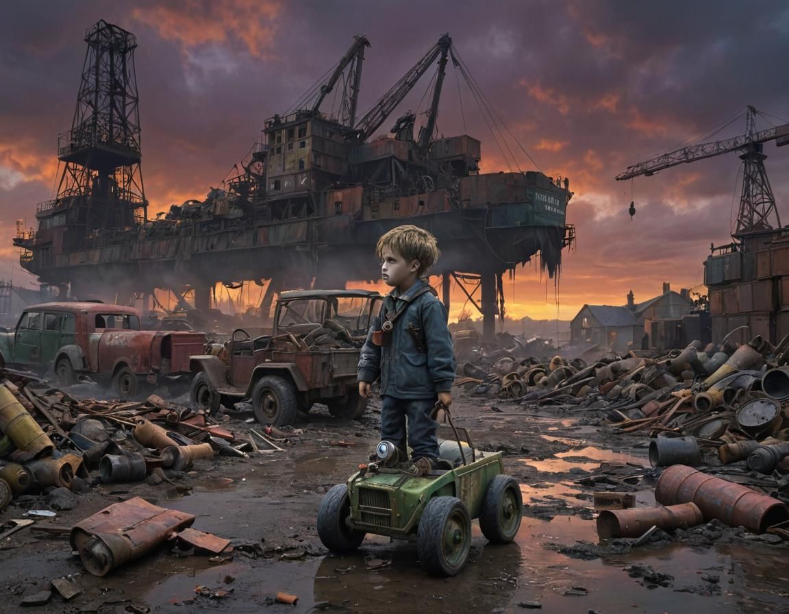 Grimdark Dieselpunk Port Scene with Child and Crane