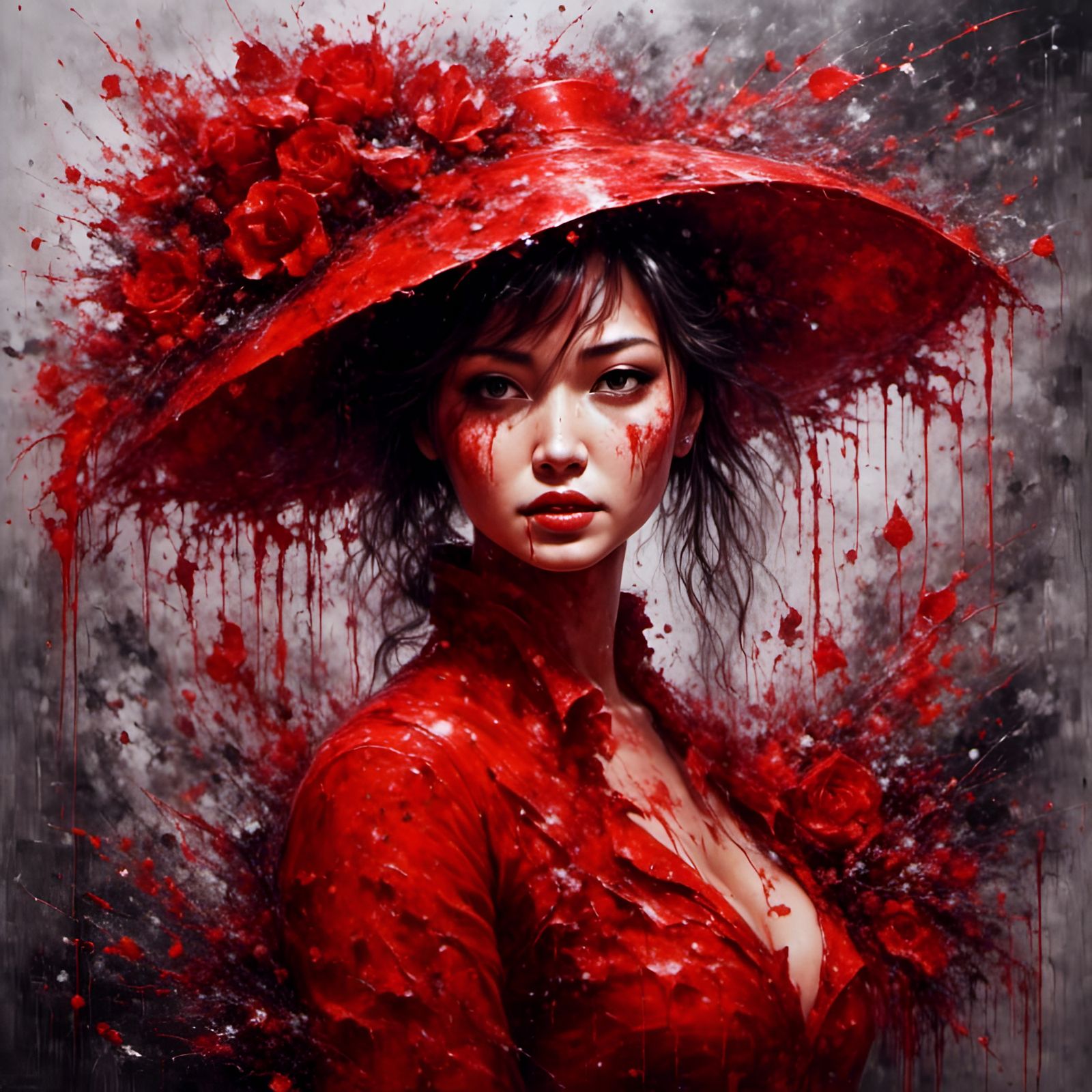 Femme Fatale in Red: Impressionist Style Portrait